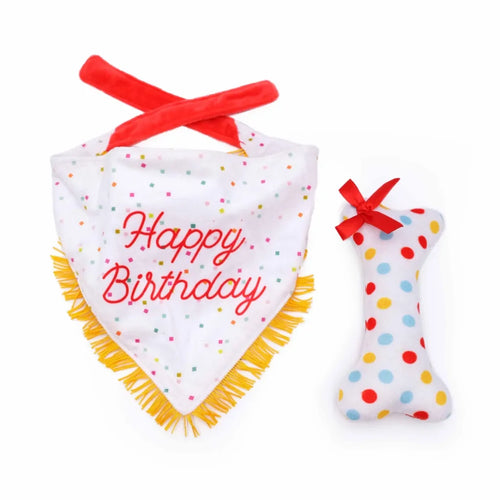 ZippyPaws Birthday Bandana and Bone Squeaky Dog Toy (Blue Red White Yellow (2-Pack))